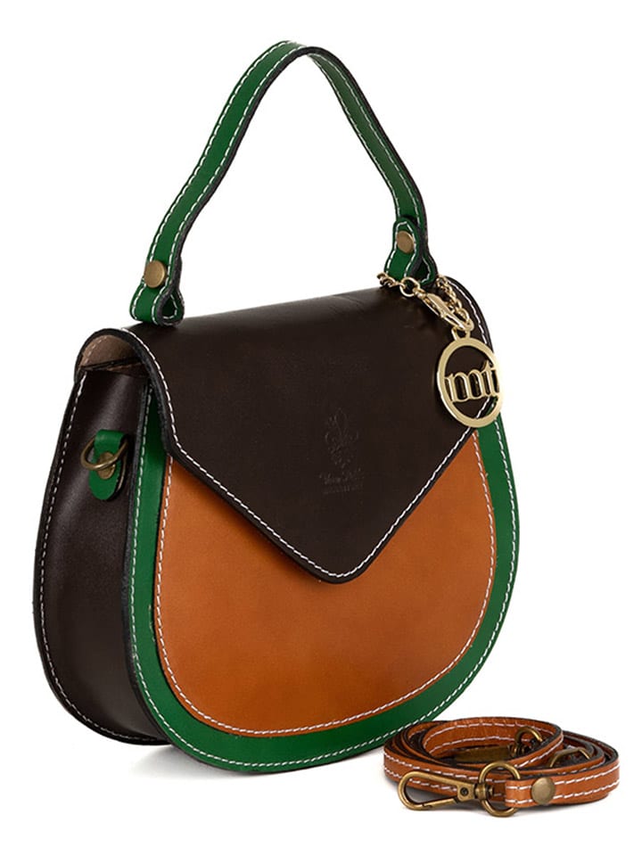Mia Tomazzi Leren handtas Contarini groen cognackleurig zwart B 21 x H 18 x D 6 cm goedkoop kopen limango