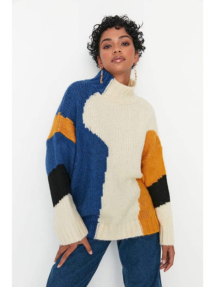 Pullover in Beige/ Blau/ Gelb