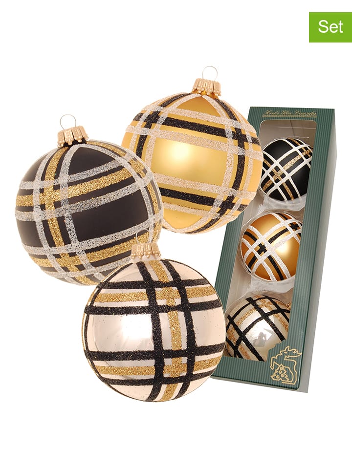 Krebs Glas Lauscha 3delige set kerstballen "Ivoor" goudkleurig/zwart