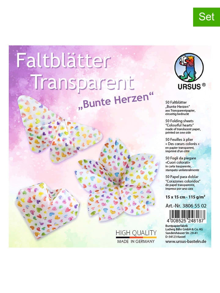 Transparentpapier-Faltblätter "Bunte Herzen" in Bunt