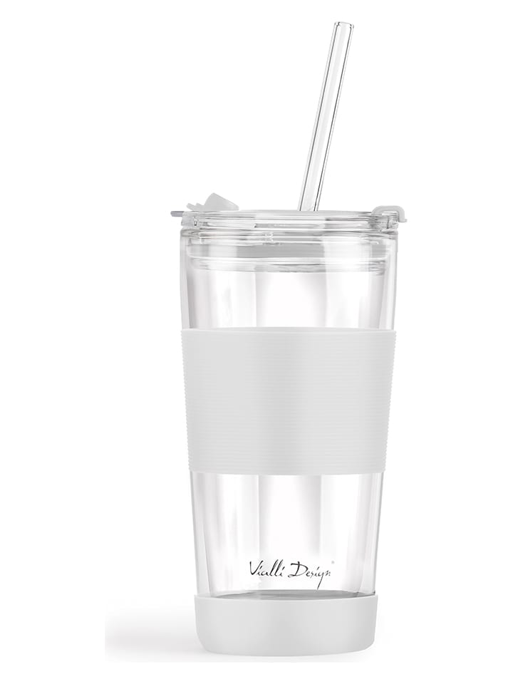 Szklanka termiczna w kolorze białym ze słomką - 600 ml
