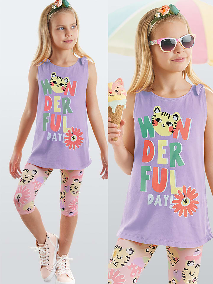 2tlg. Outfit "Wonderful Cat" in Lila/ Bunt