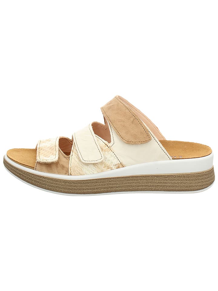 Leder-Pantoletten in Beige/ Weiß