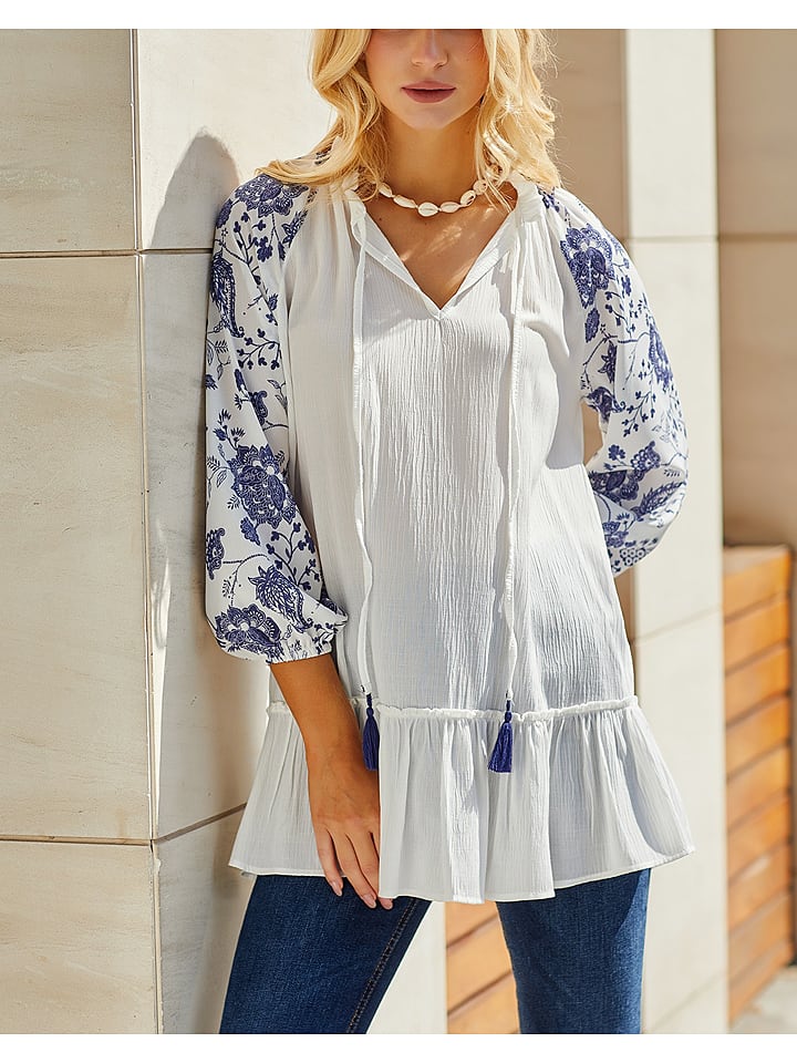 Bluse in Creme/ Blau