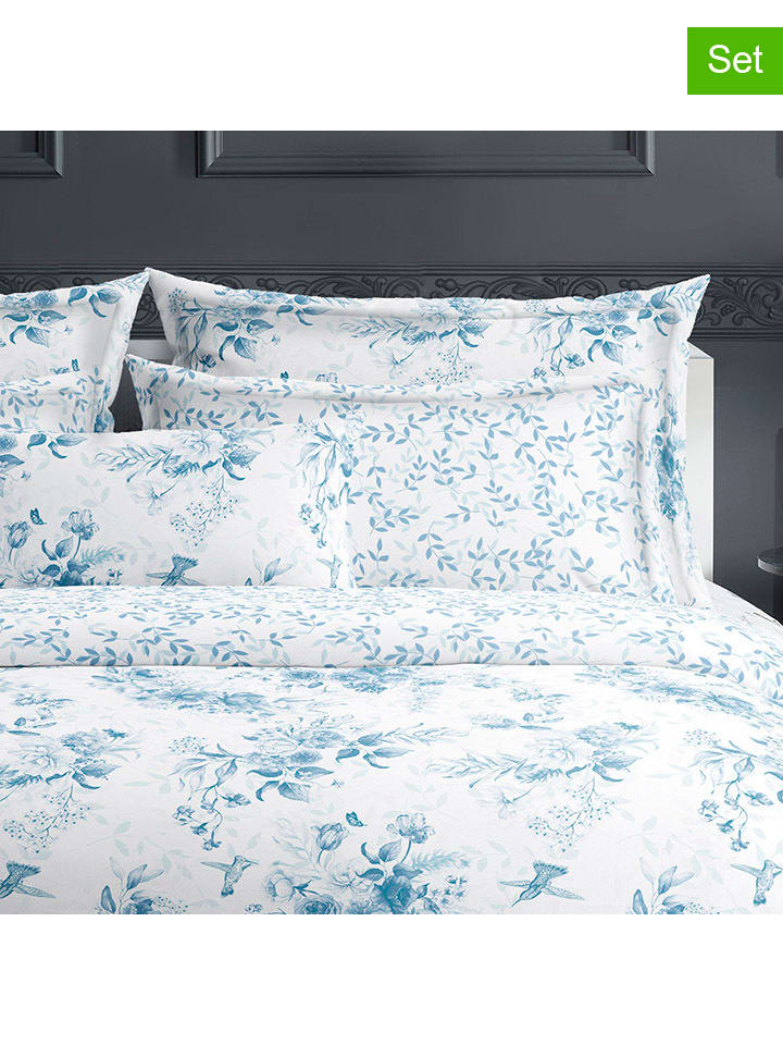 2-delige set: satijnen kussenslopen "Floral" wit/lichtblauw