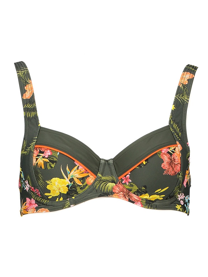 Bikini-Oberteil in Khaki/ Gelb/ Koralle