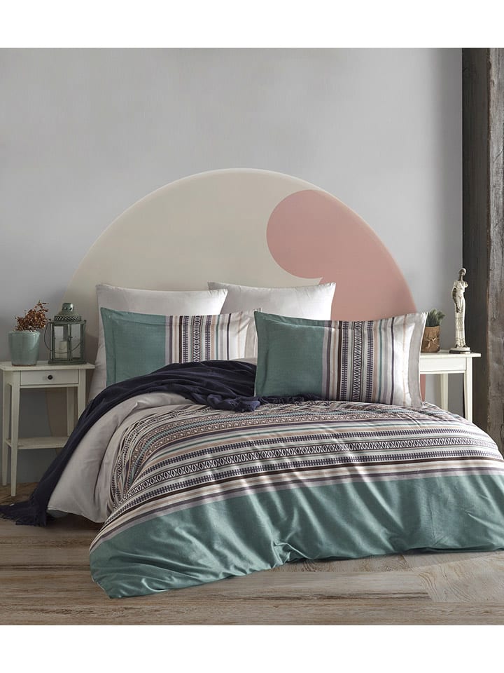 Renforcé beddengoedset "Ash" mintgroen/beige
