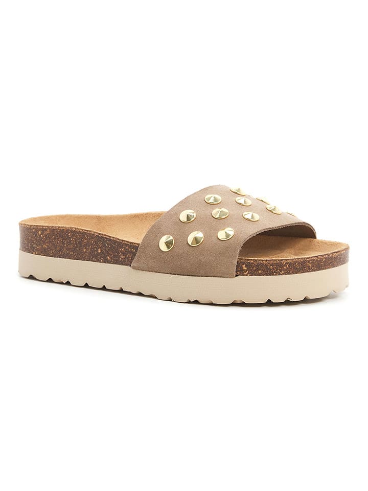 Leren slippers beige
