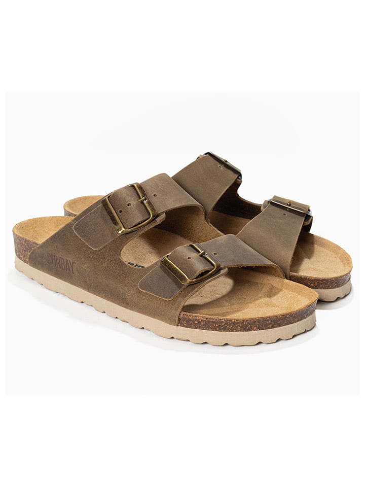 Leren slippers "Trefle" kaki