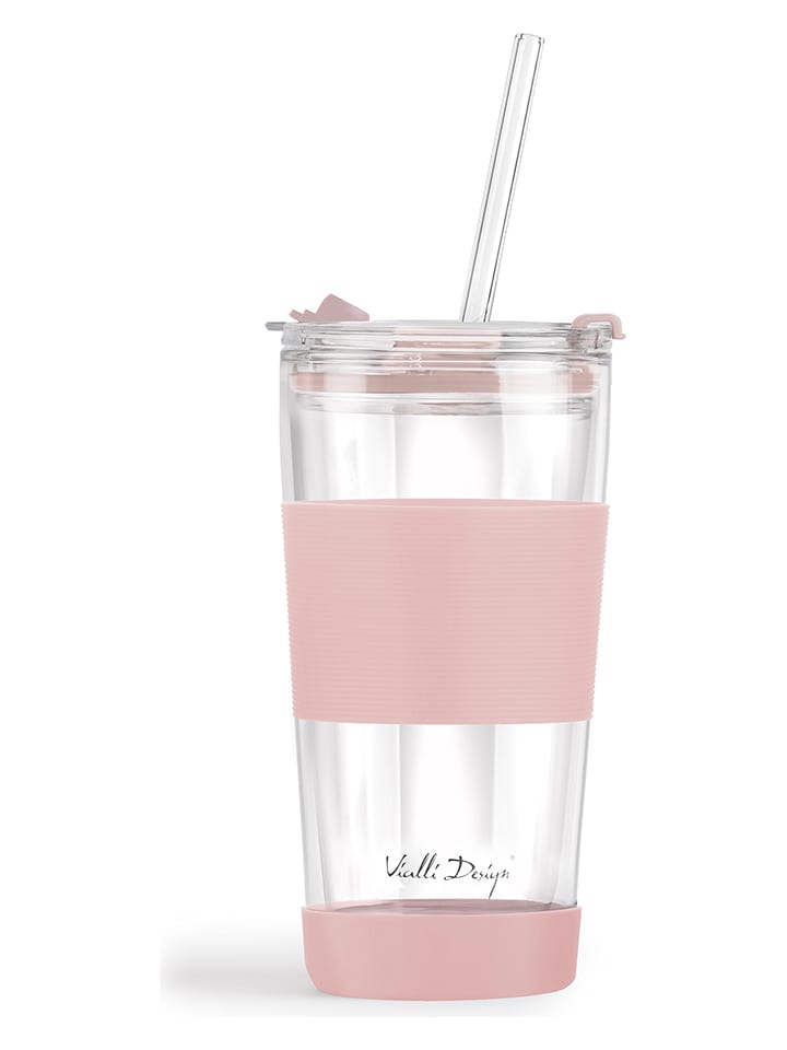 Szklanka termiczna w kolorze jasnoróżowym ze słomką - 600 ml