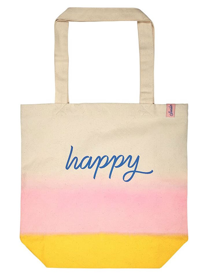 Shopper bag "Happy" w kolorze beżowo-jasnoróżowo-żółtym