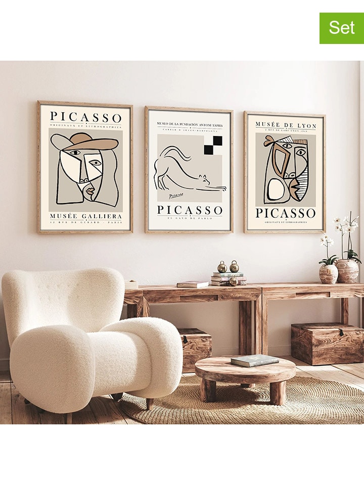 3-delige set: ingelijste kunstdrukken op hout