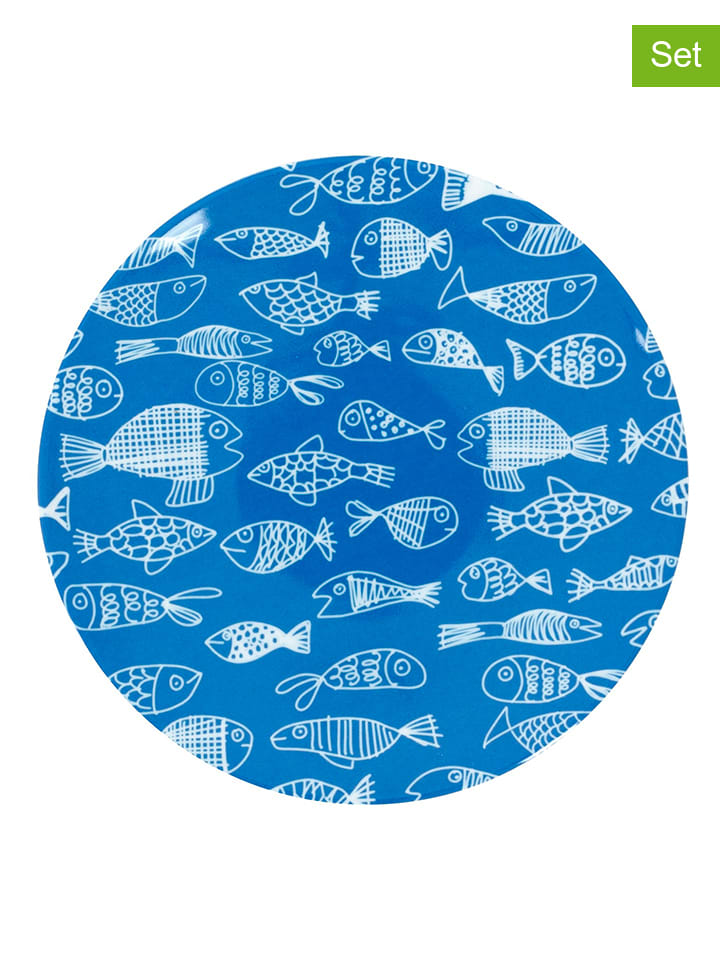 Talerze śniadaniowe (2 szt.) "Crazy Fish" w kolorze niebieskim - Ø 15 cm