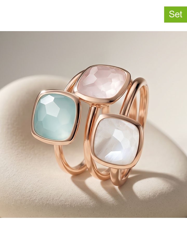 3er-Set: Rosévergold. Ringe mit Edelsteinen