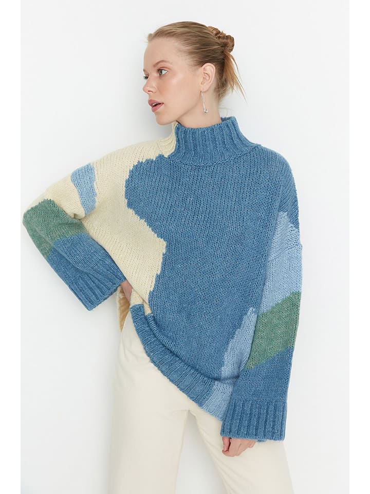 Pullover in Blau/ Beige