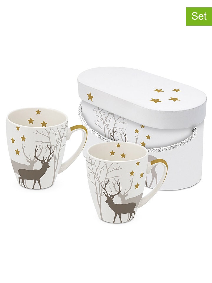 Kubki jumbo (2 szt.) "Winter Deers" w kolorze białym ze wzorem - 350 ml