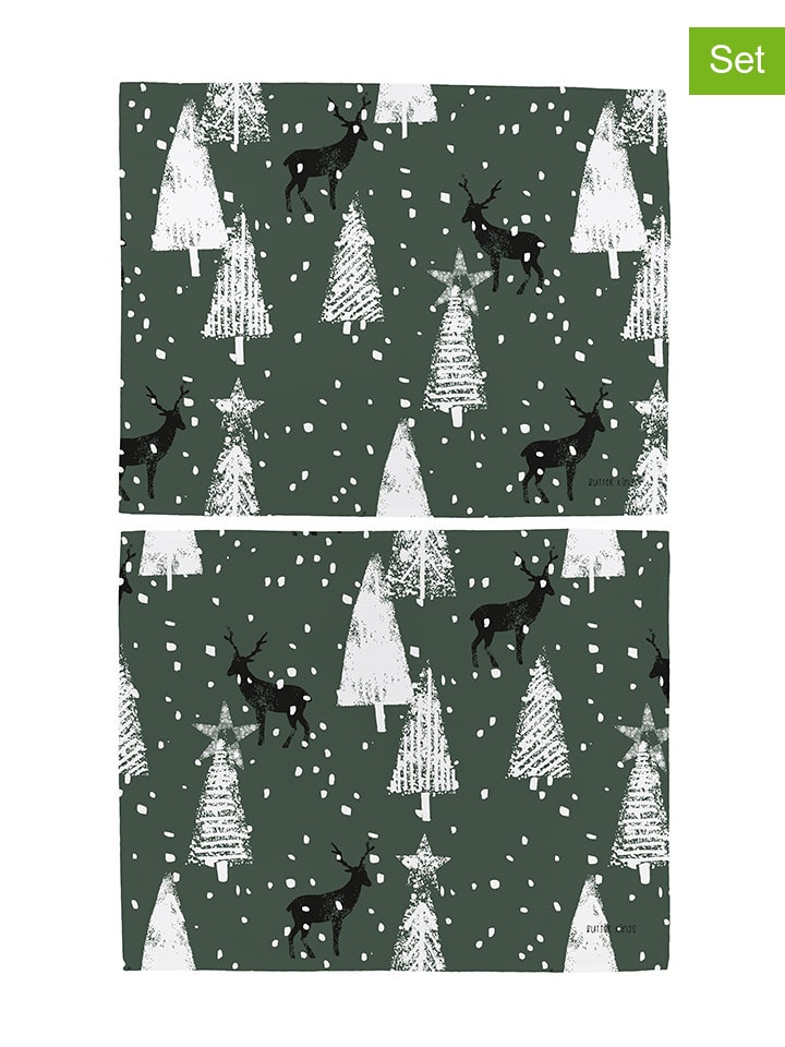 2er-Set: Tischsets "Deer in the forest" in Grün/ Schwarz - (L)35 x (B)45 cm