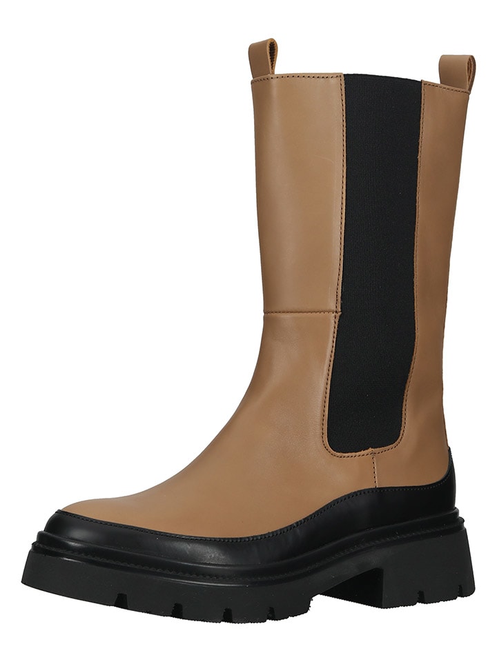 Leder-Chelsea-Boots in Hellbraun/ Schwarz