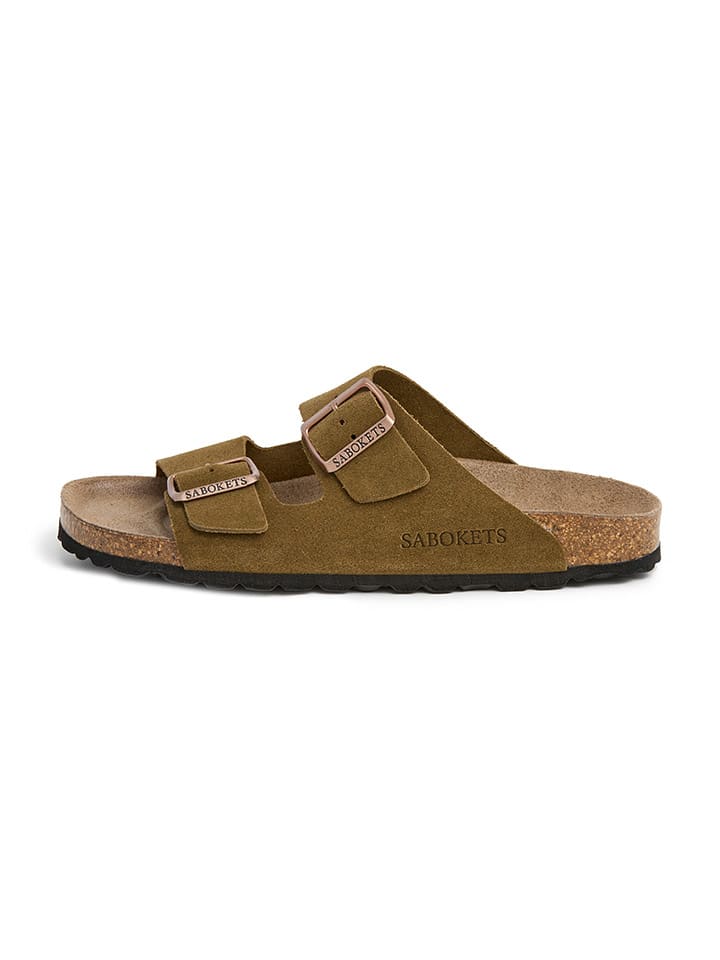 Leder-Pantoletten in Khaki