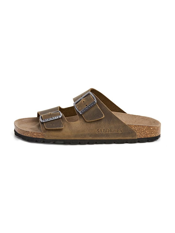 Leder-Pantoletten in Khaki