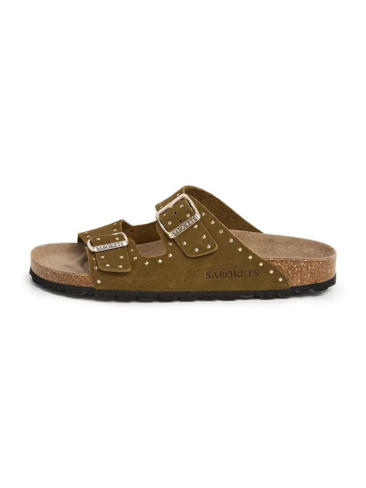 Leder-Pantoletten in Khaki