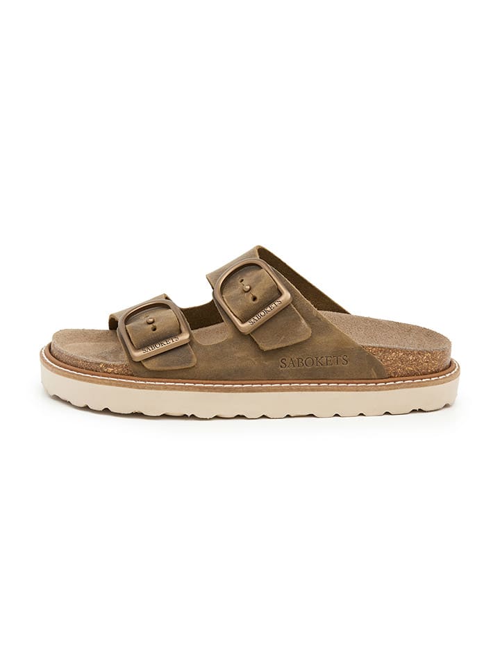 Skórzane klapki w kolorze khaki