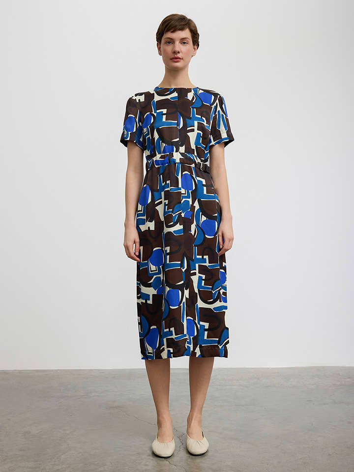 Kleid in Blau/ Braun/ Creme