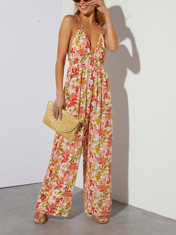 Jumpsuit rood/crème/groen