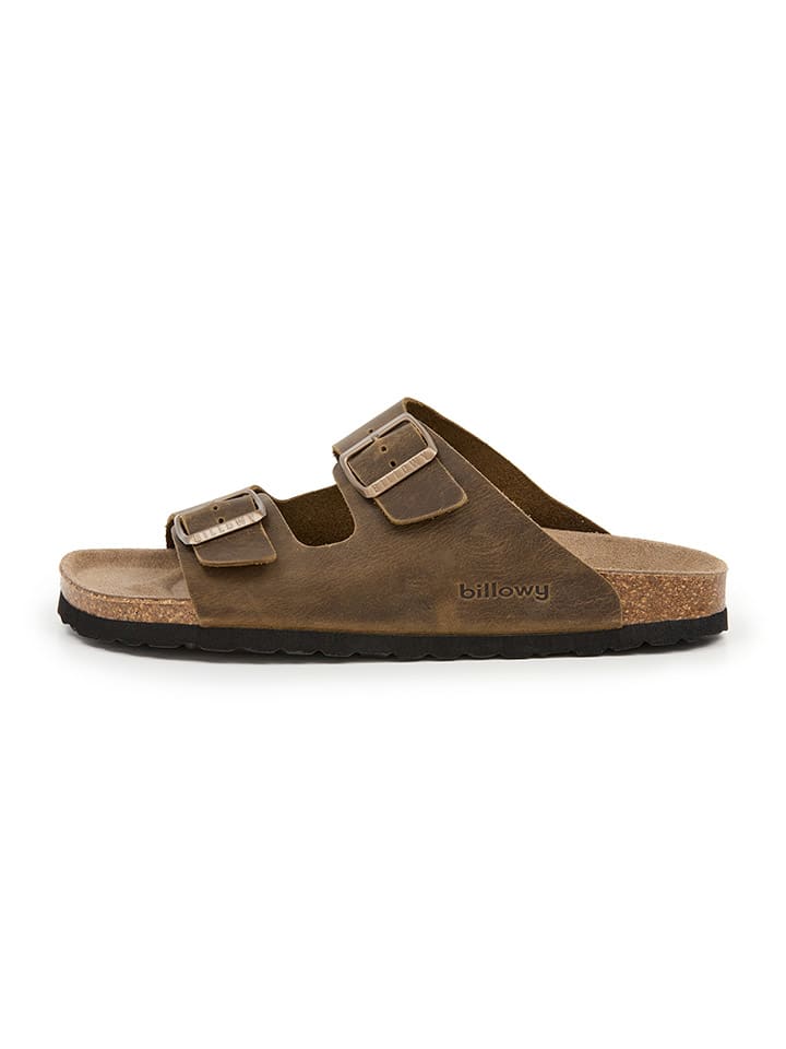 Leder-Pantoletten in Khaki