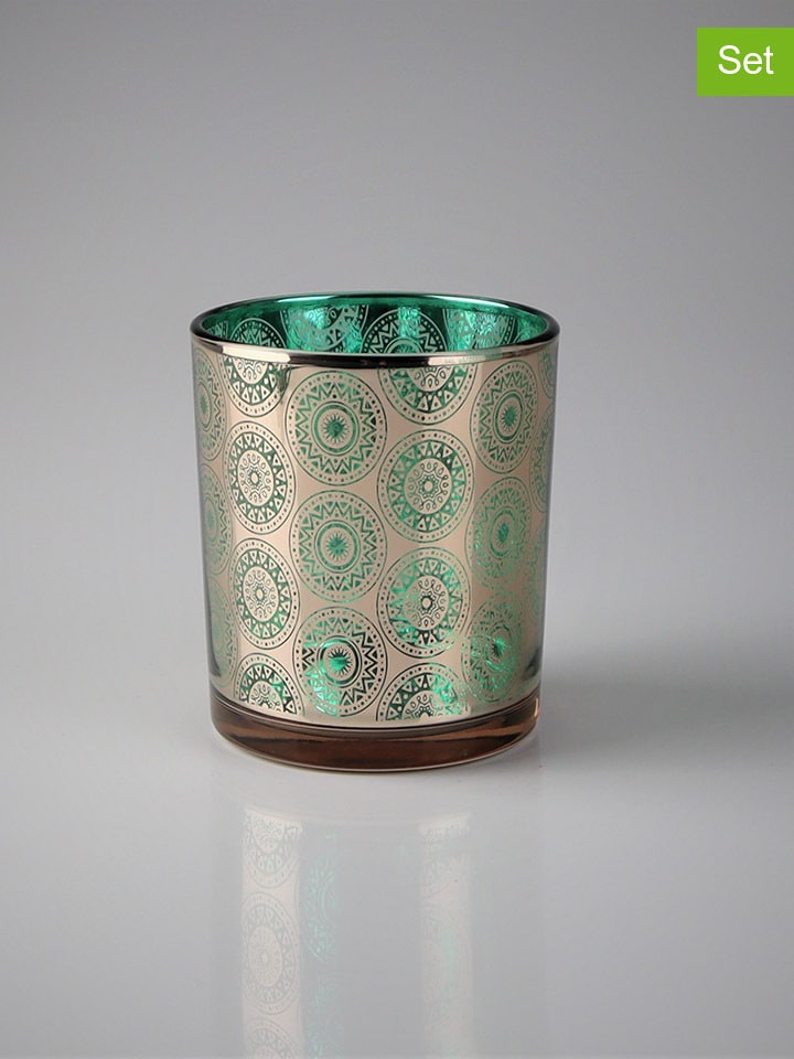 2er-Set: Windlichter in Türkis/ Gold - (H)10 x Ø 12 cm