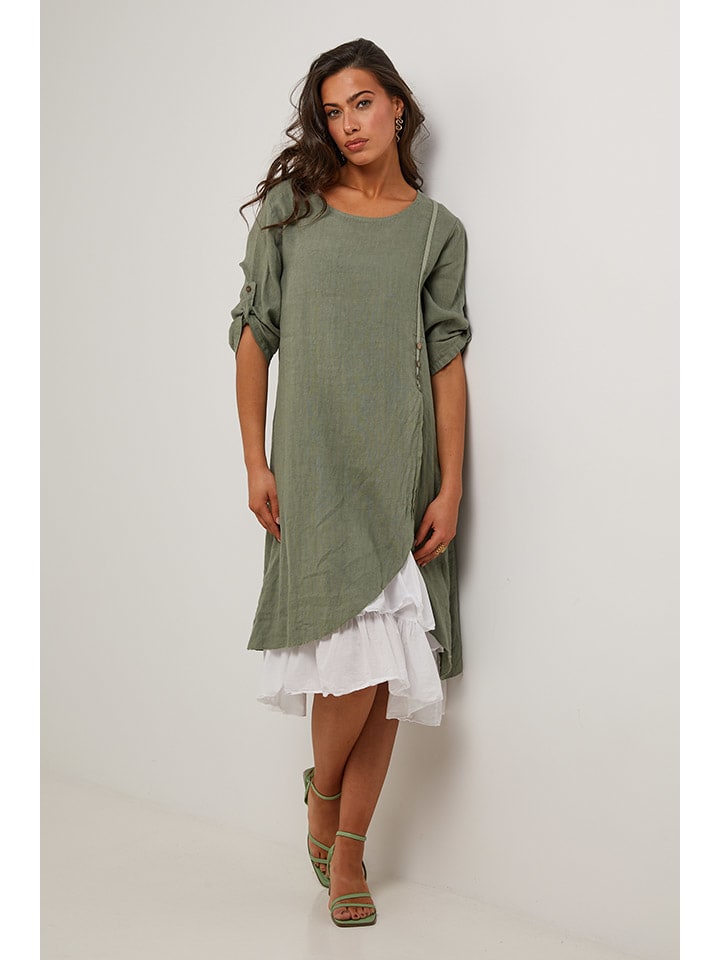 Leinen-Kleid in Khaki/ Weiß
