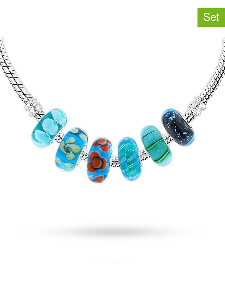 5-delige set: zilveren beads met muranoglas
