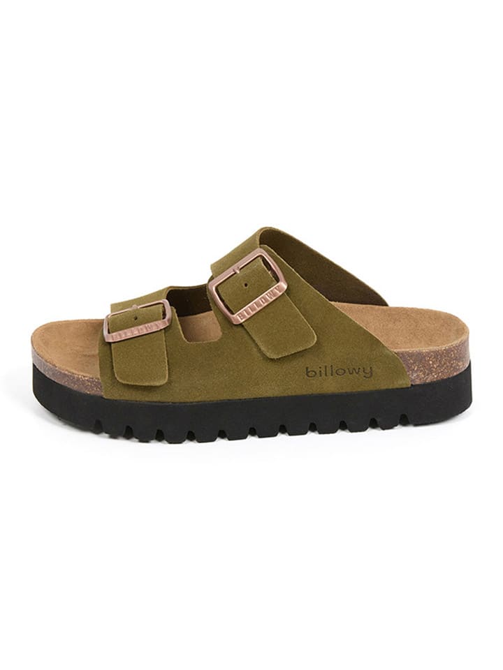 Leder-Pantoletten in Khaki