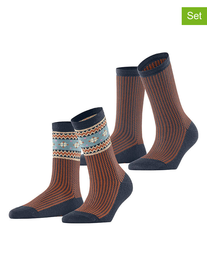2-delige set: sokken ''Scandi'' donkerblauw/oranje