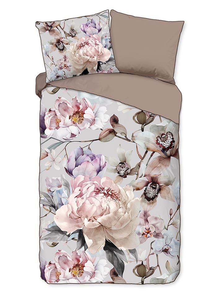 Satijnen beddengoedset "Colinda" lichtbruin/grijs/lichtroze