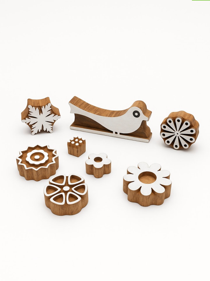 8er-Set: Blockdruck-Stempeln in Natur/ Weiß - (L)4 x (B)4 cm
