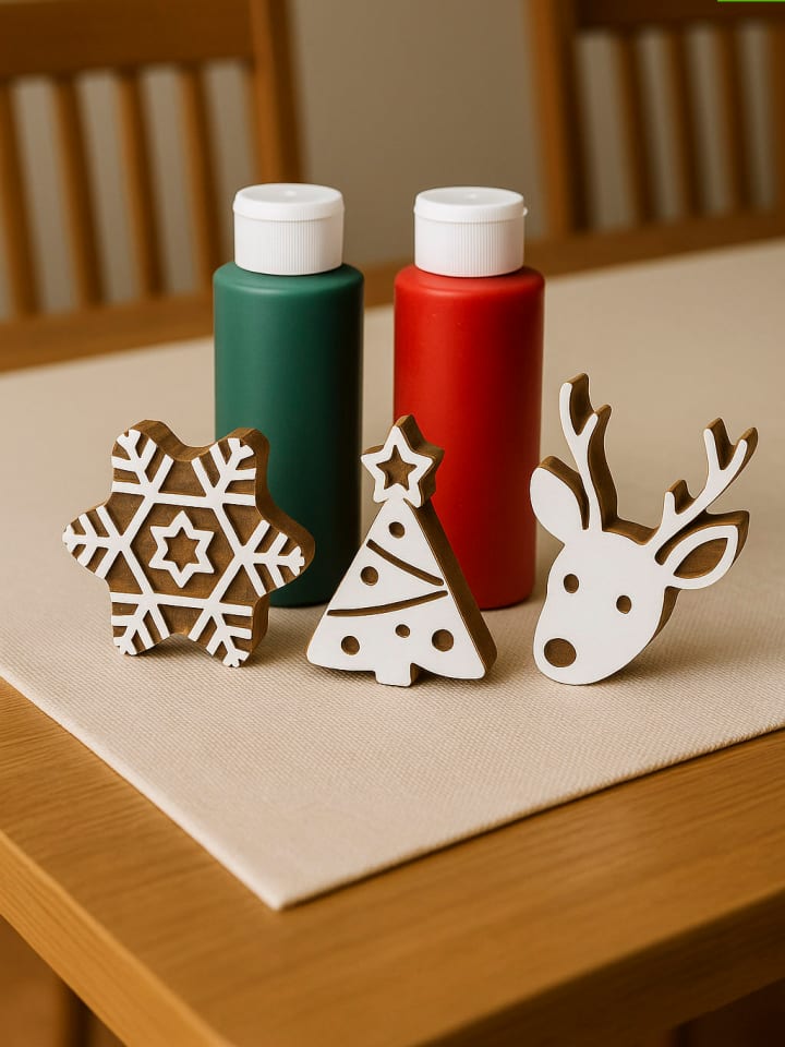 7tlg. Blockdruck-Set ''Christmas'' in Beige/ Grün/ Rot