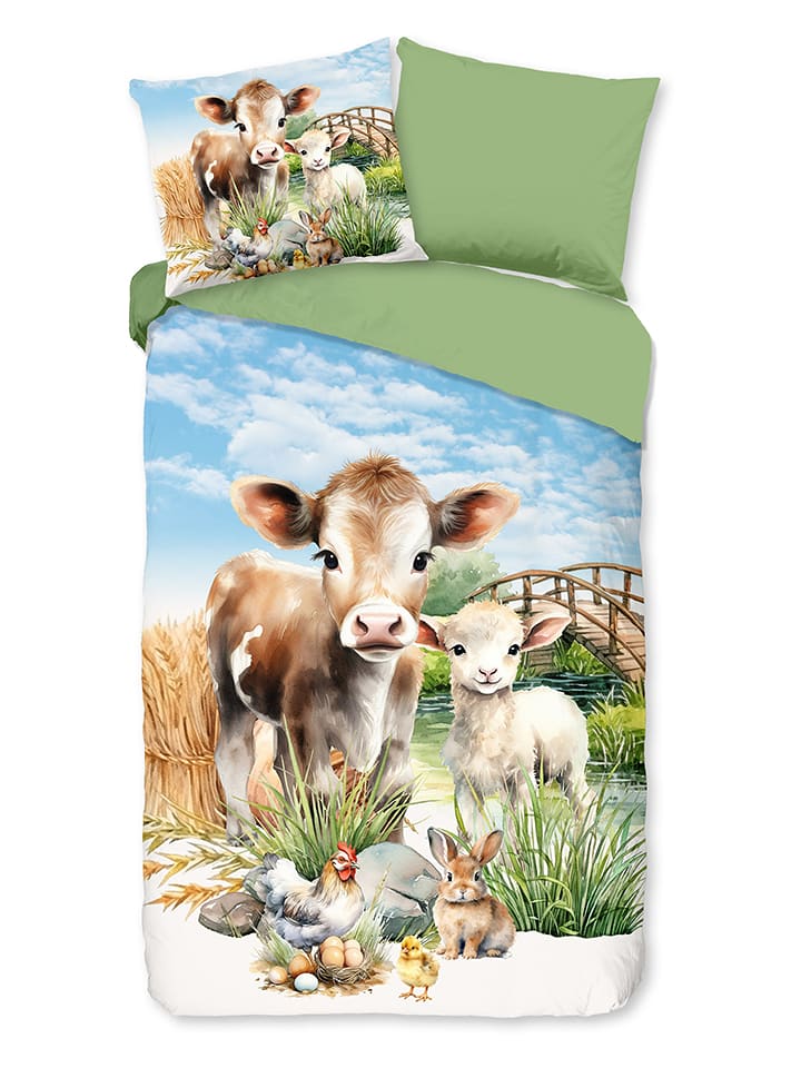 Microvezel beddengoedset "Farm" lichtblauw/groen