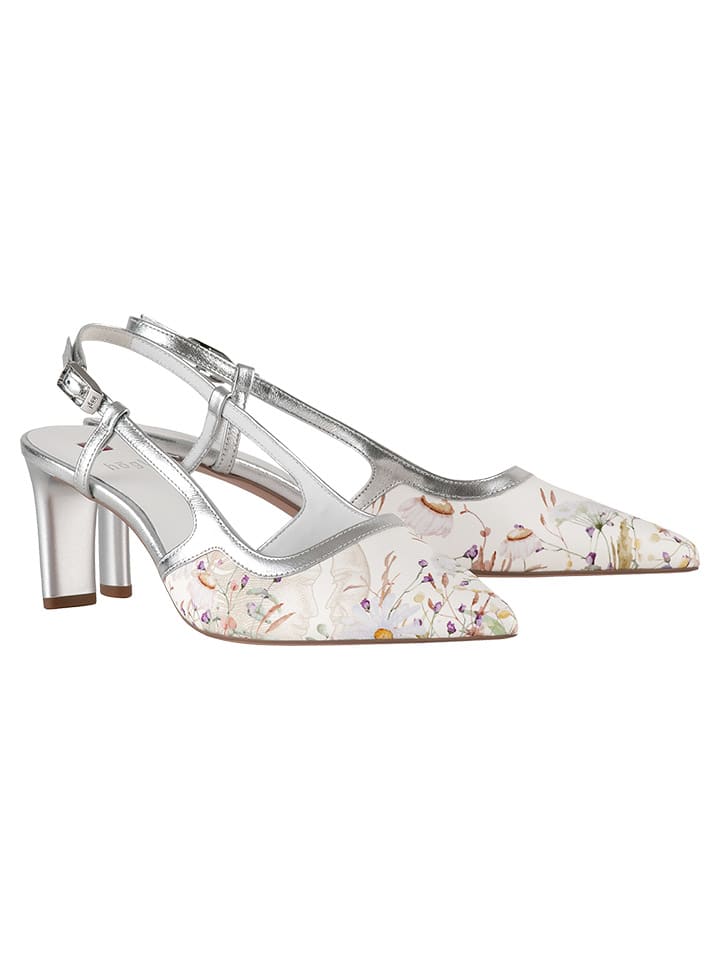 Leder-Slingpumps in Weiß/ Silber