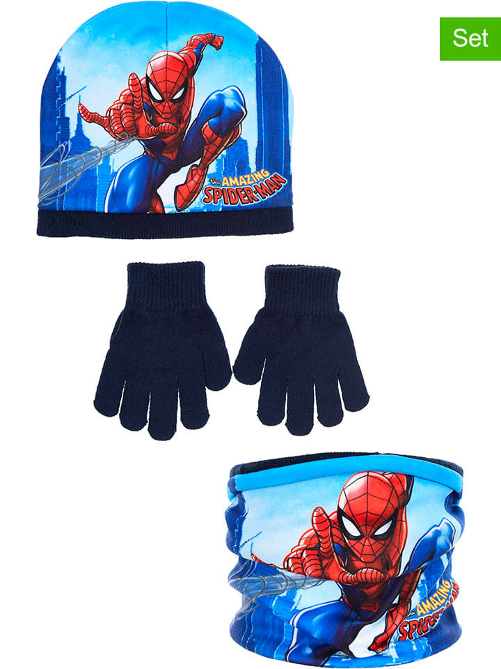 3tlg. Winteraccessoires-Set "Spiderman" in Blau/ Dunkelblau
