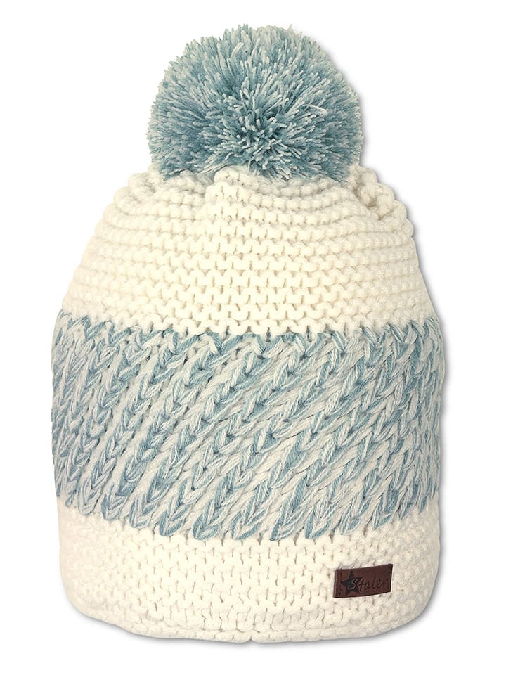 Bommelstrickmütze in Creme/ Hellblau