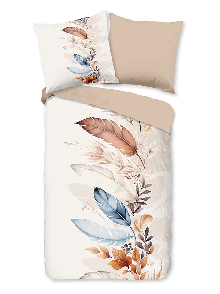 Renforcé-Bettwäsche-Set "Mirra" in Creme/ Beige/ Blau