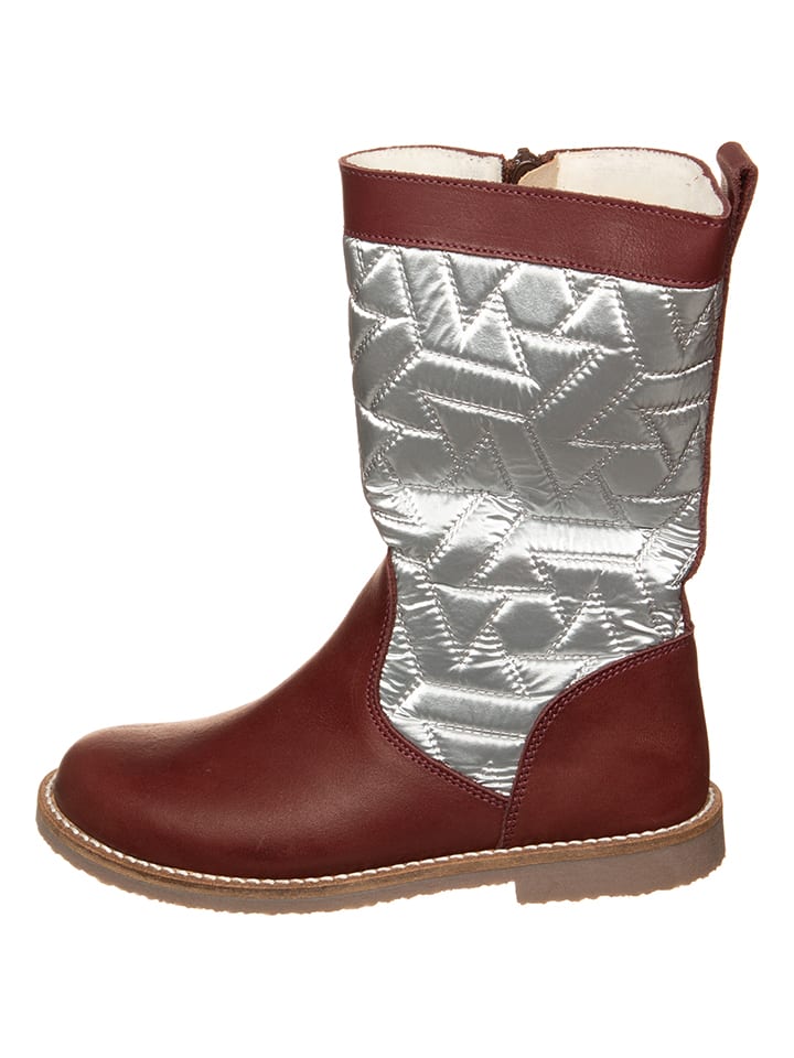 Leder-Winterstiefel in Dunkelrot/ Silber