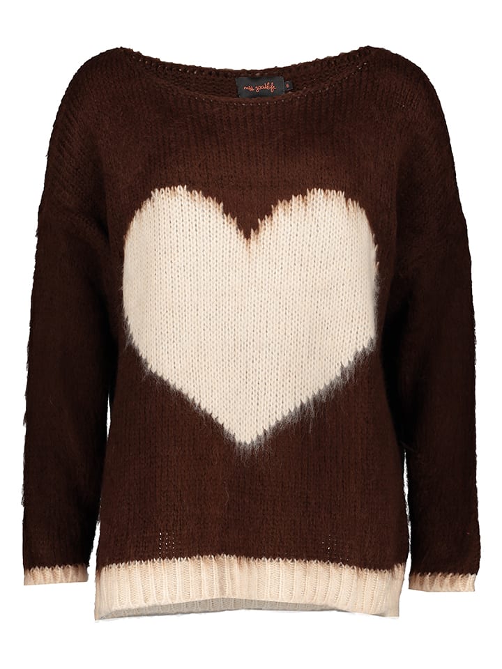 Kasjmieren trui "Heart" donkerbruin/crème