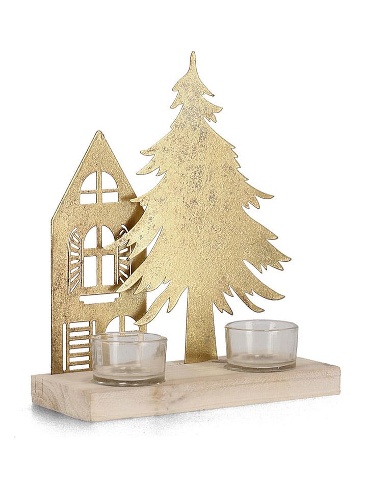 Theelichthouder "House" goudkleurig - (B)20 x (H)24 cm