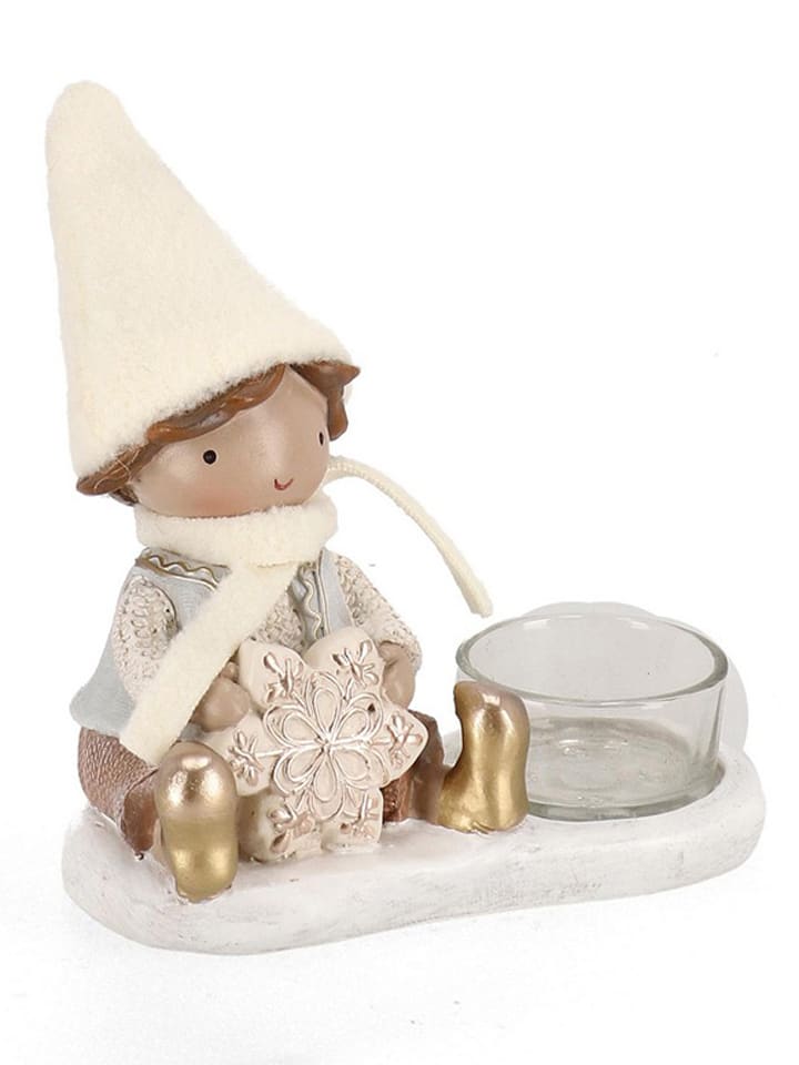 Theelichthouder "Boy" crème/grijs - (B)12,5 x (H)13 x (D)7 cm