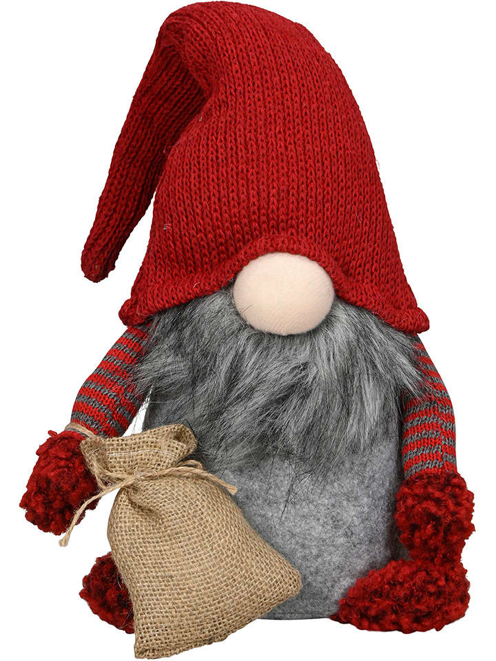 Decofiguur "Kabouter" rood/grijs - (B)28 x (H)50 x (D)15 cm