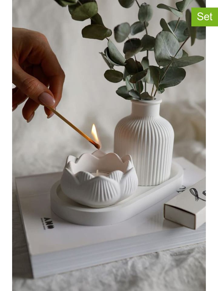 3-delige set: kaars en decoratie wit