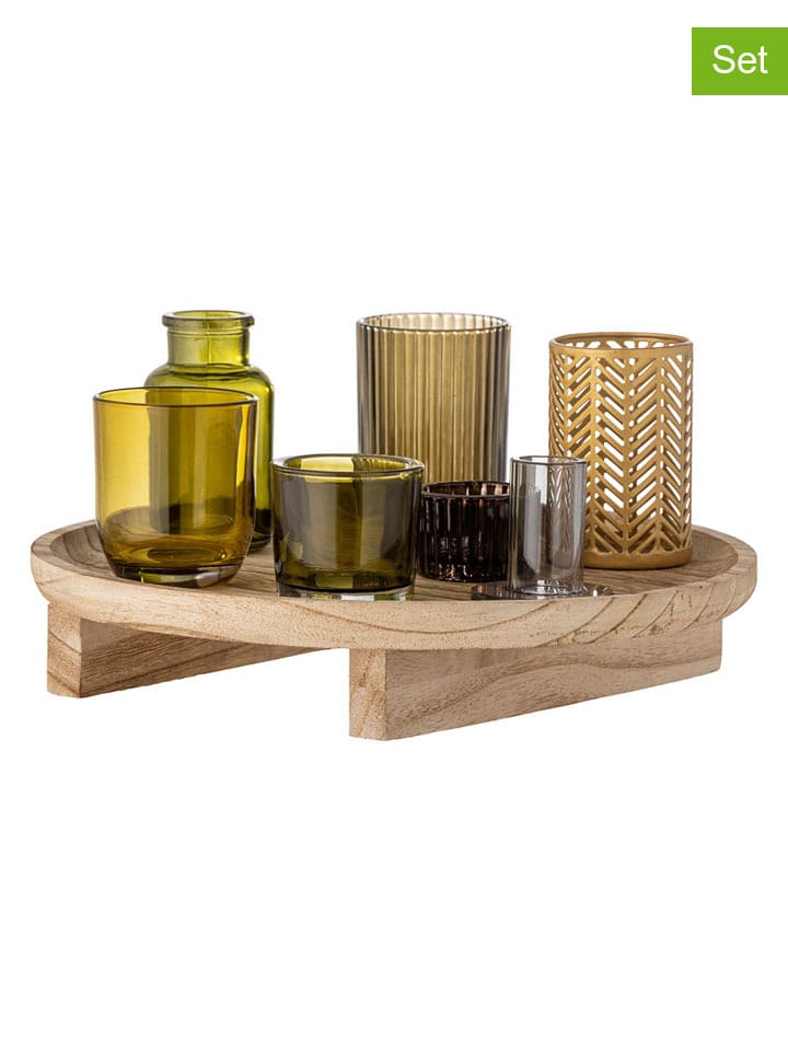 8tlg. Kerzenständer-Set ''Sanga'' in Beige/ Grün - (H)15 x Ø 32 cm