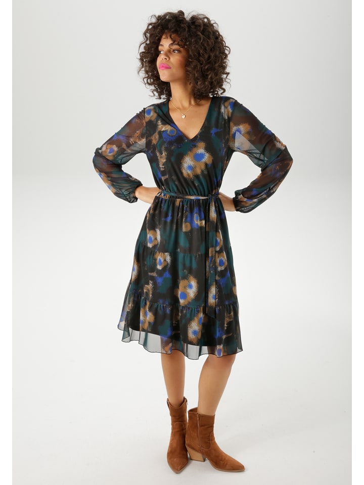 Kleid in Schwarz/ Petrol/ Camel